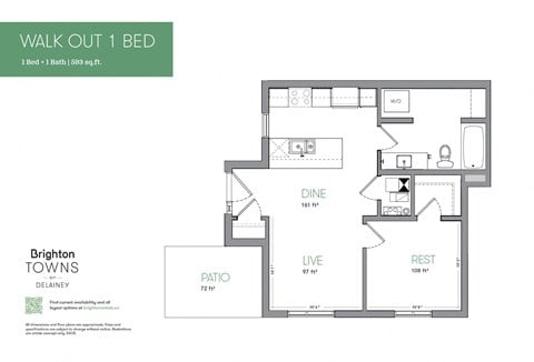 Floor plan for 1 bed, 1 bath, 593 sqft